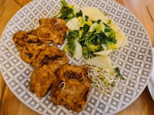 Soy steaks with mashed potatoes. at None Tonka in Omis