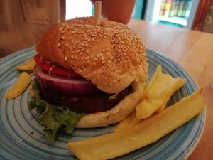 Vegan burger with French fries at None Tonka in Omis