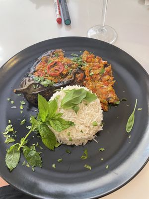 Delicious stuffed eggplants served with rice  at None Tonka in Omis