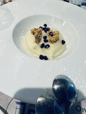 Almond desert with sesame bites  at Aktaion in Santorini