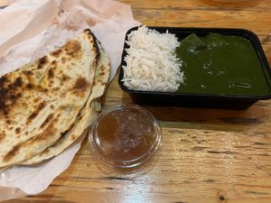 palak paneer (paneer subbed for tofu), oil and garlic naan, mango chutney  at Everest Kitchen in Aarhus