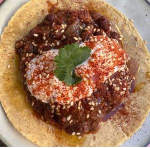 Chili sin carne and vegan sour cream  at Nowhere in Milan