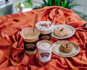 Three coffees and our Oatmeal Raisin and Matcha cookie at Kappra Cafe in Bangkok