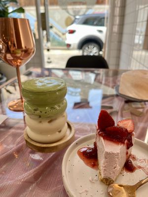 Dalgona matcha and strawberry cheesecake   at Kappra Cafe in Bangkok