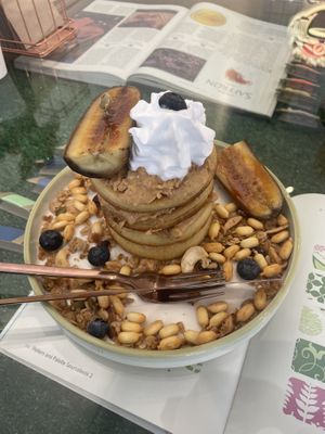 peanut butter pancakes with chai granola  at Kappra Cafe in Bangkok