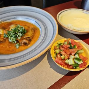 Stuffed eggplant, mashed potatoes, and salad at Hummus 90 in Ashdot Yaakov