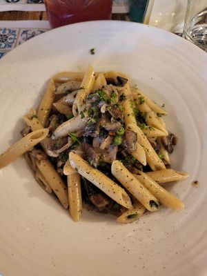 Penne truffle mushroom pea pasta at Cibo in Wooton