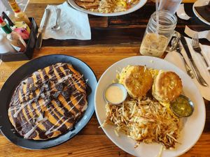Fully vegan breakfast. Vegan cookies and cream pancake. Vegan Berkley Biscuit Breakfast. New Orleans ice coffee with oat milk. So good! at Seven Mile Cafe in Lewisville
