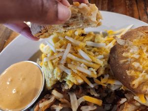 Berkeley Biscuit Sandwich (biscuit sandwich with Beyond vegan sausage, vegan cheese, and Just Egg), and a side of hashbrowns at Seven Mile Cafe in Lewisville