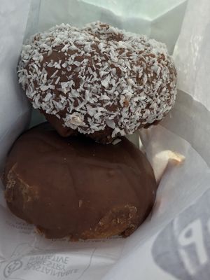 Chocolate Coconut and Chocolate Vanilla  at Pepples Donut Farm in Berkeley
