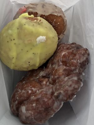 Earl Grey, Lemon Poppyseed, and an Apple Fritter!  You can’t go wrong here:) at Pepples Donut Farm in Berkeley