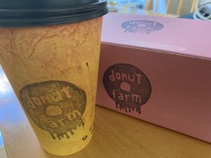 With coffee at Pepples Donut Farm in Berkeley