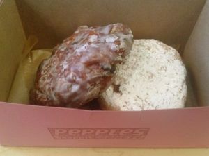 banana fritter and jelly filled donut at Pepples Donut Farm in Berkeley