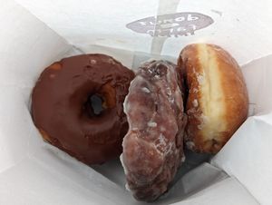 Chocolate glaze, apple fritter, raspberry filling.  #Veganuary at Pepples Donut Farm in Berkeley