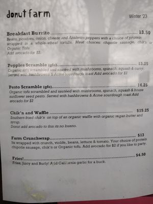 Brunch menu at Pepples Donut Farm in Berkeley