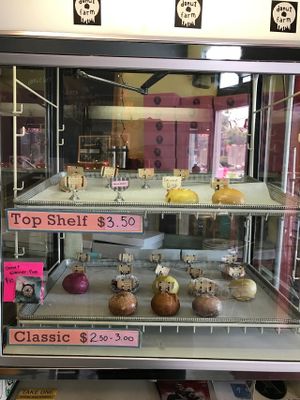 donut case at Pepples Donut Farm in Berkeley