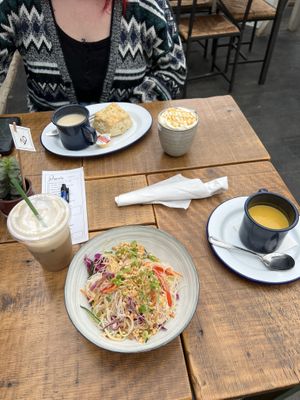 Iced Vanilla Latte, Noodle Salad, Butternut Squash soup and Roasted Cauliflower Soup  at The Watering Can Flower Market in Lincoln