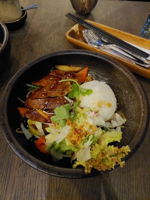 Vegan Crispy Duck with homemade soy sauce, fresh seasonal vegetables, been sprouts, coriander and fried onion at Vegang in Berlin
