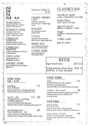Alcoholic menu at Vegang in Berlin