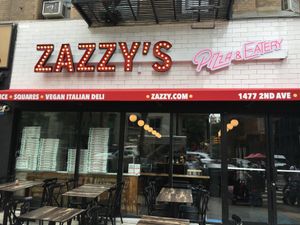 Front  entrance when they first opened: note, their sign used to say "vegan Italian deli"--alas, no more. at Zazzy's Pizza - Upper East Side in New York City