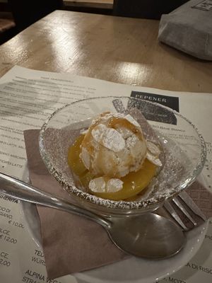 Pesca with nougat gelato   at Pepenero in Sarzana
