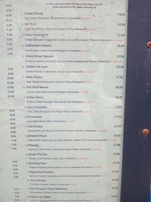 Pizza menue at The Blue Zone in Dingle