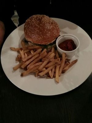 portobello burger with homemade fries at Mlsna Kavka in Prague