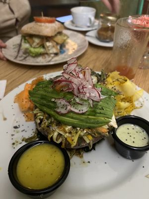 Massive raw plate, friend’s vegan sandwich in the background  at Saludpan in Medellin