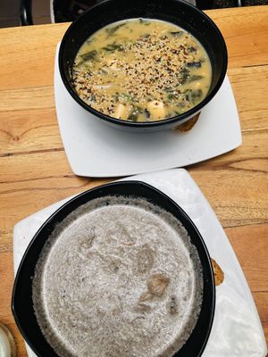 Mushroom soup and Miso soup   at Saludpan in Medellin