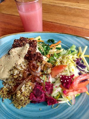 Brown rice and quinoa mixture, sauteed vegetables, salad, quinoa croquettes at Saludpan in Medellin