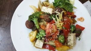 Pasta with vegetables and tofu  at Saludpan in Medellin