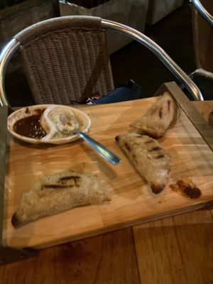 Empanadas. Big portion but heavy. Filled with potatoes and fried.  at Saludpan in Medellin