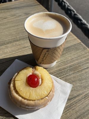 Vegan Pineapple Upside Down Donut & Oat Milk Latte  at Deviant Donuts in Mystic