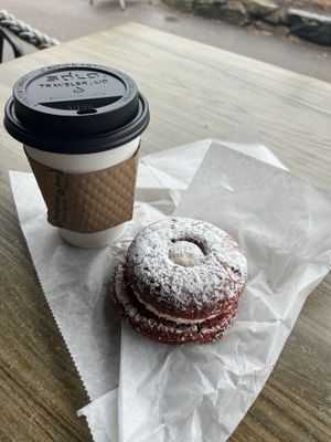 Vegan Red Velvet Whoopie Pie Donut  at Deviant Donuts in Mystic