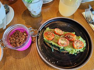 Red dragon fruit smoothie, smashed avo spinach and mushroom on sourdough at Komune in Hong Kong Island