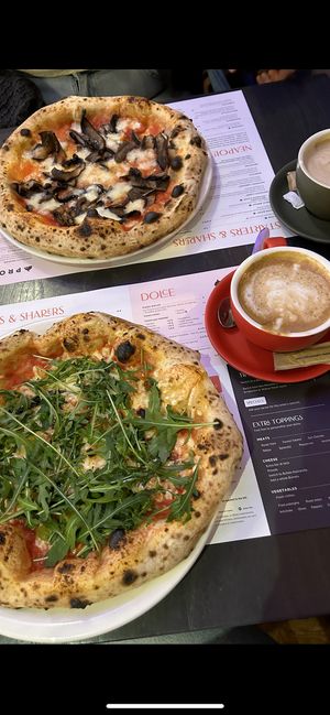 Rocket Margherita and oat cappuccino   at Proove Pizza in Hertford