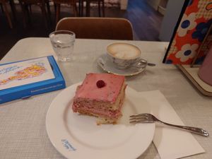 Gigantic piece of raspberry cake and cappuccino with oat milk at Vollpension in Vienna
