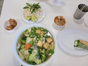 Pho w tofu and lots of veggies, tofu spring rolls and vegan fried wontons at Pho Ka in National City