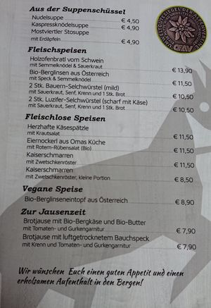 Speisekarte at Ybbstalerhütte in Almhaeuser