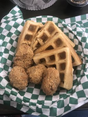 Vegan Chicken and waffles. The chicken is the same breaded cauliflower used for the vings and absolutely delicious. The waffles were cakey and reminiscent of pancakes. 😋  at Vined The Vegan Experience in North Charleston