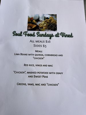 Sunday menu at Vined The Vegan Experience in North Charleston