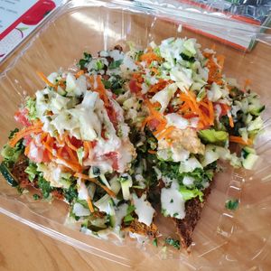 Mock tuna, greens, tomato, carrot, Pickle, onion & white sauce at Arnold's Way Vegetarian Raw Cafe in Lansdale