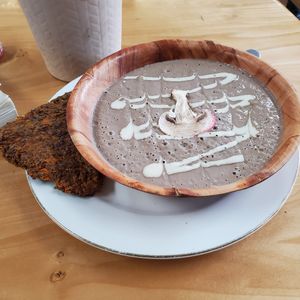 Mushroom Bisque: Mushroom, cashew, garlic, raisins at Arnold's Way Vegetarian Raw Cafe in Lansdale