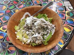 Chopped salad with scoop of “chicken” salad on top at Arnold's Way Vegetarian Raw Cafe in Lansdale