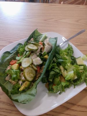 Gorilla Wrap. Toona and Chedda Cheez with salad abd and avocado in a collard leaf. at Arnold's Way Vegetarian Raw Cafe in Lansdale
