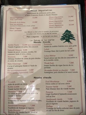 Menu at La Bekaa in Dieppe