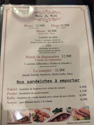 Menu at La Bekaa in Dieppe