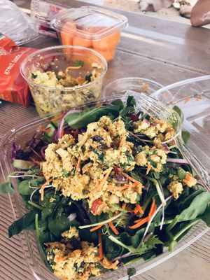 Garden salad topped with curried tofu  at Moonflower Community Cooperative in Moab