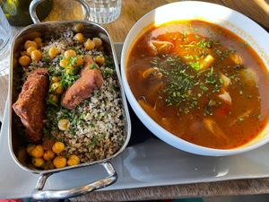 Cous cous with spicy soup  at Soya Comptoir Bio in Paris