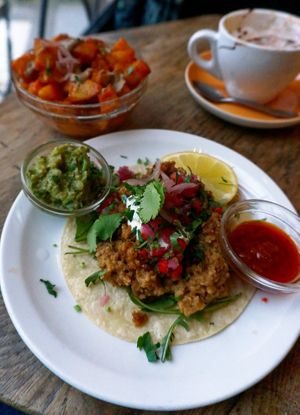 Taco + Patatas bravas at Soya Comptoir Bio in Paris